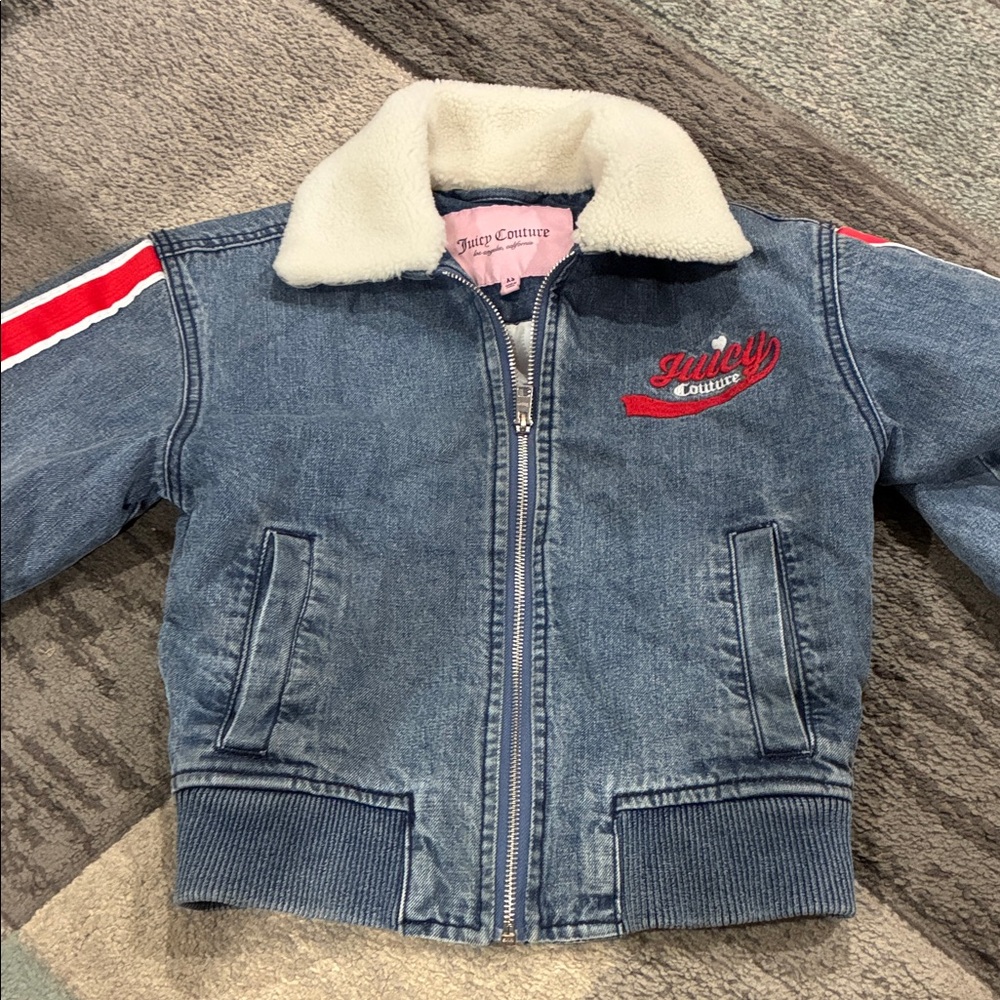 Juicy Couture Blue Denim Jacket with Cream Sherpa Collar and Red Accents